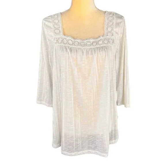 L.A. HEARTS Women's Blouse Ivory Boho Large Crinkle-Rayon 3/4 Sleeve Square Neck - Picture 5 of 14